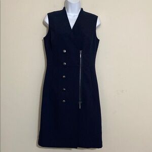 Worth Elegant Navy Sleeveless shift wrap Dress women 4 front zip formal event